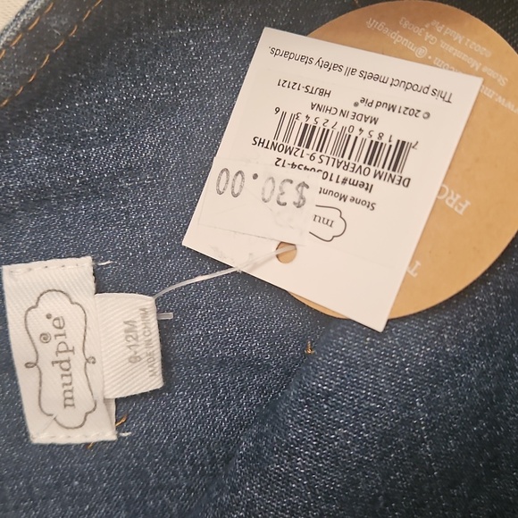 NWT Mudpie Denim Shortalls Rolled Cuff Sz 9-12m Infant Jean Shorts Overalls - Picture 2 of 6